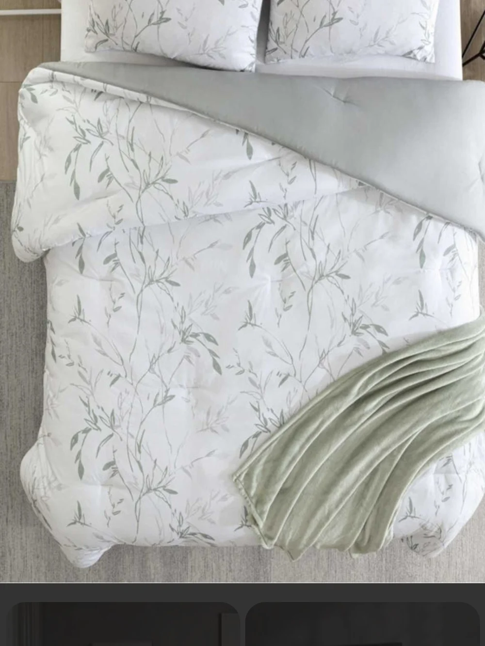 Kenneth Cole Reaction White Comforter with Sage Leaf Print and Light Green Throw